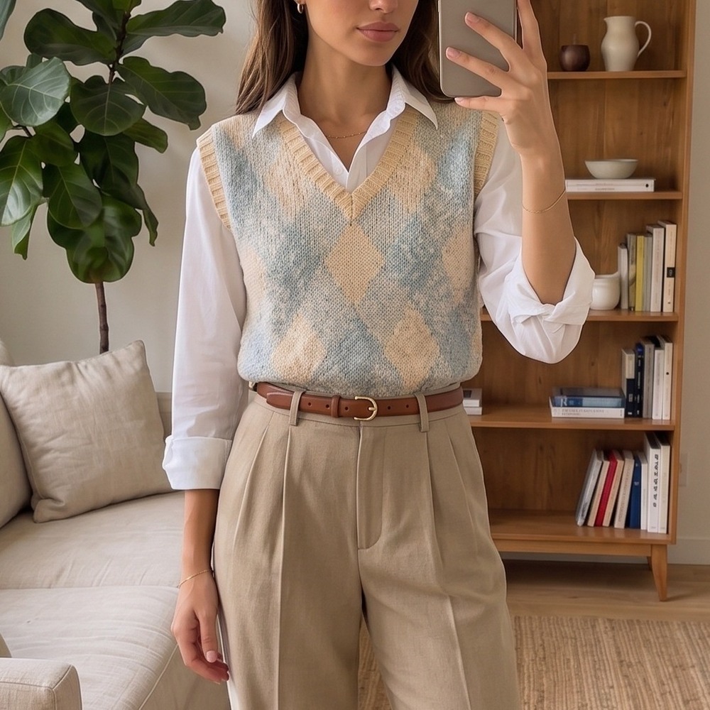 Vintage Womens‎ Sweater Vest Size XS Butter Yellow Argyle Linen Blend 90s Preppy